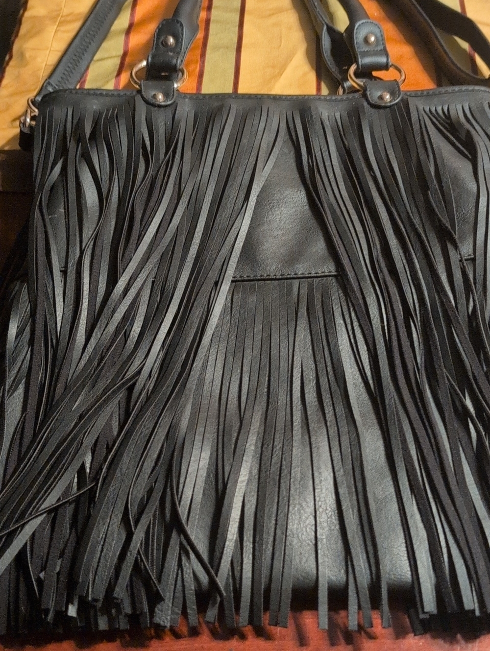 Fashion Forward Black Fringe Tote Bag Vegan Unbranded 15" Wide 16.5 Long - Picture 3 of 10